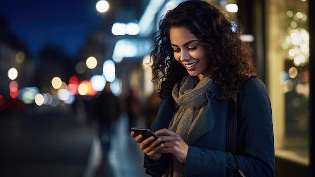 Foto una mujer usa un teléfono celular en una calle de la ciudad por la noche