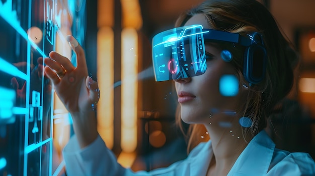 Mujer usando auriculares de realidad virtual en estilo futurista de ciencia ficción