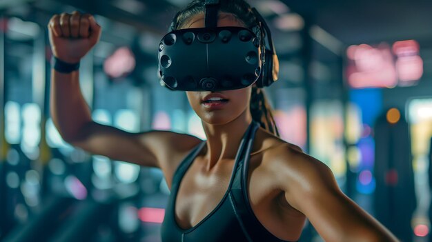 Foto mujer usando auriculares de realidad virtual en el gimnasio