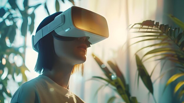 Mujer usando auriculares de realidad virtual a la luz del sol para mostrar la integración de la tecnología y la naturaleza de una manera visualmente atractiva e innovadora