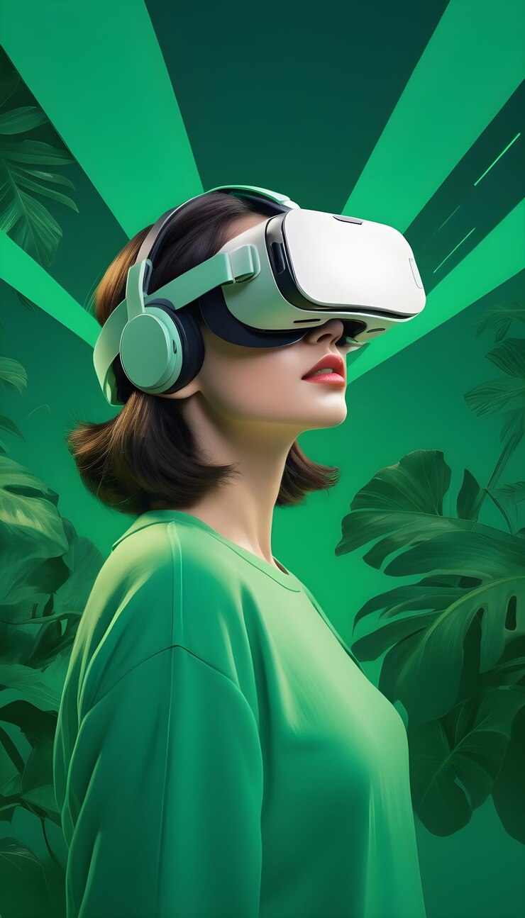 mujer usando auriculares VR en collage de diseño ecológico verde, audaz y colorido
