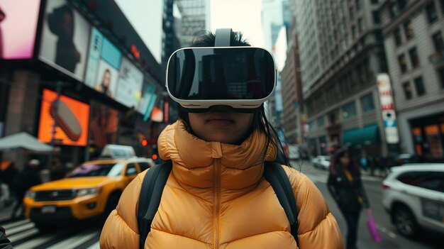 Foto mujer usando auriculares vr de google mirando hacia el mundo de la realidad virtual del metaverso