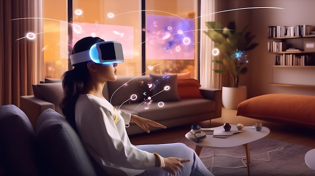 Mujer usando auriculares VR y mirando la interfaz de usuario de interfaz de usuario virtual ar con múltiples aplicaciones Trabajar con VR Generative ai