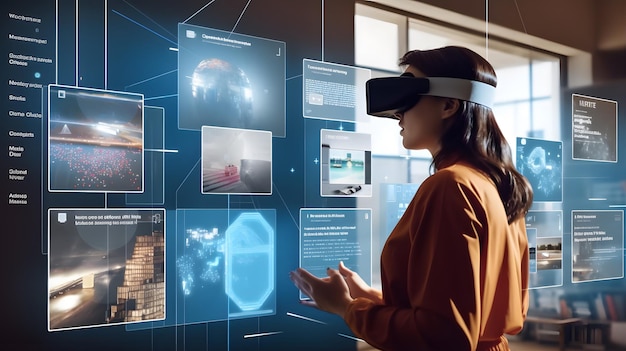 Mujer usando auriculares VR y mirando la interfaz de usuario de interfaz de usuario virtual ar con múltiples aplicaciones Trabajar con VR Generative ai