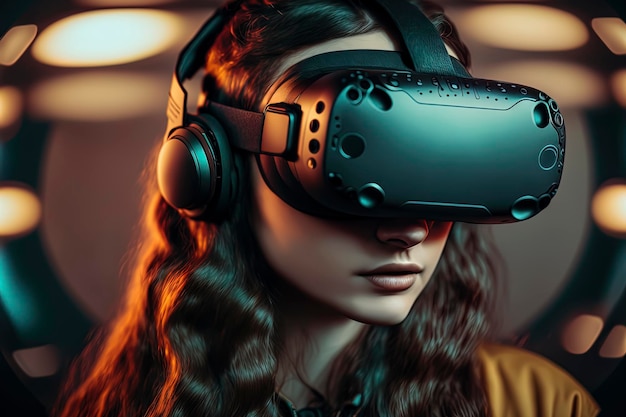 Mujer usando auriculares vr realidad virtual