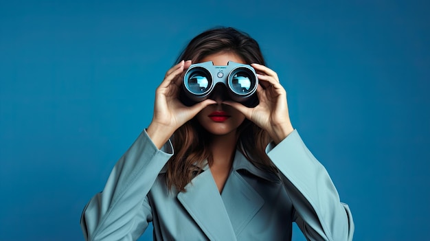 Mujer usando binoculares sobre un fondo azul
