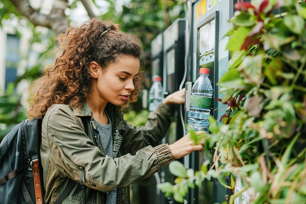 Una mujer usando una botella de agua reutilizable en una estación de relleno que demuestra un hábito de hidratación eco-consciente