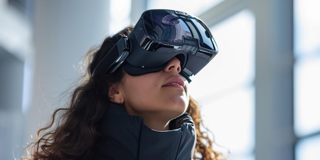 Mujer usando casco de realidad virtual