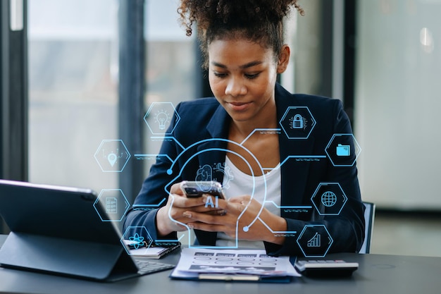 Mujer usando chat bot en inteligencia de teléfono inteligente Ai Chat con IA Inteligencia artificial desarrollada por OpenAI genera robot en sistema en línea en officexA