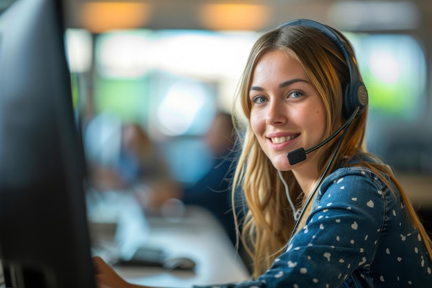 Mujer usando una computadora con auriculares