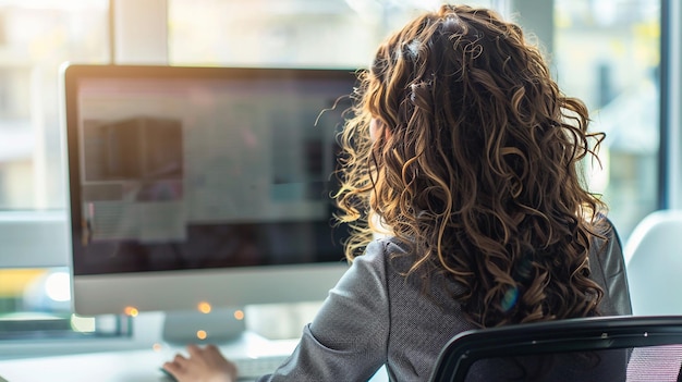 Una mujer usando una computadora de escritorio
