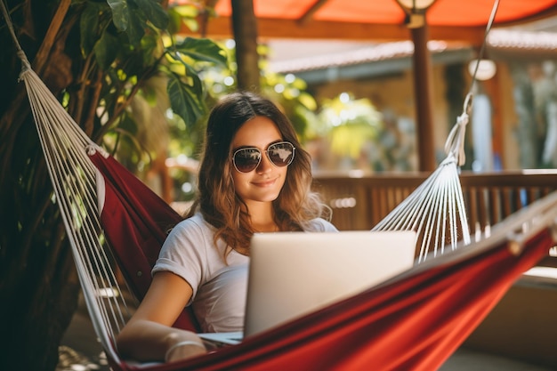 Mujer usando una computadora portátil al aire libre Joven hermosa en una hamaca y trabajando en una computadora Verano independiente disfrutar de la vida estilo de vida estudiantil a distancia estudiando viajes vacaciones concepto de aprendizaje en línea