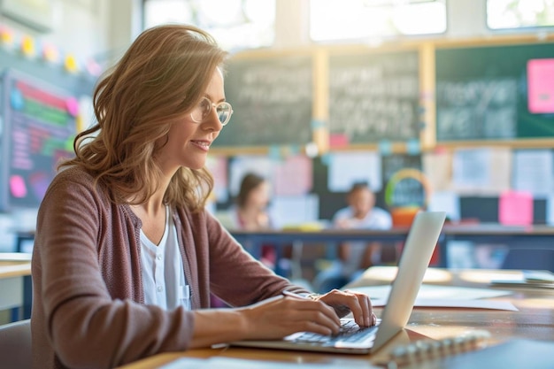 Foto una mujer usando una computadora portátil en un aula