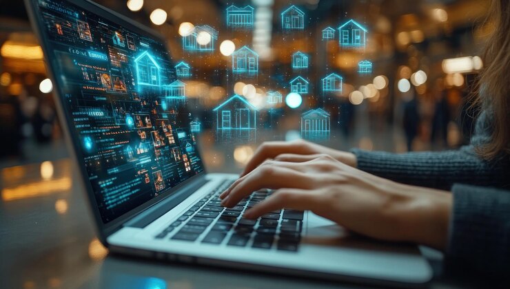 Mujer usando una computadora portátil con iconos de hogar digital