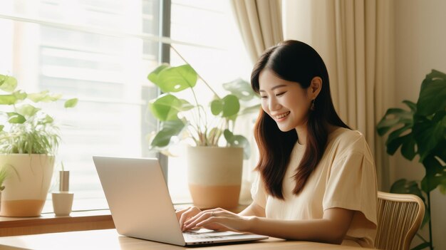 Mujer usando una computadora portátil en la mesa