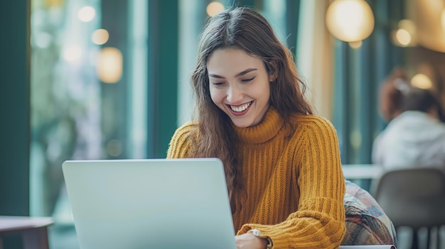 Mujer usando una computadora portátil en la mesa