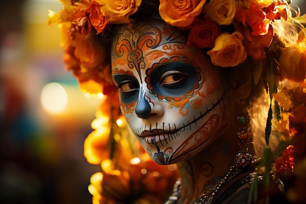 Una mujer usando el concepto de disfraz del Día de los Muertos.