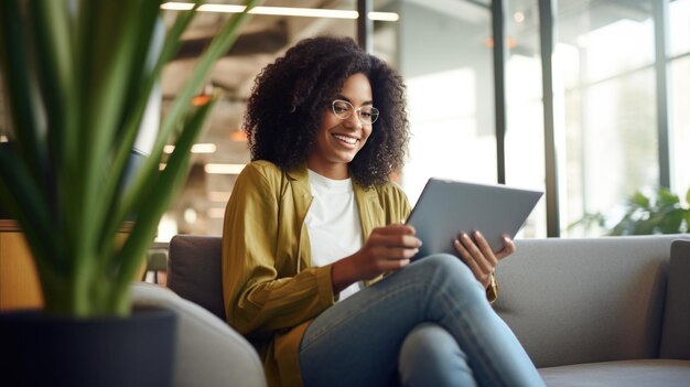 Una mujer usando un dispositivo de tableta sonriendo y sentada en un sofá en un espacio de oficina moderno