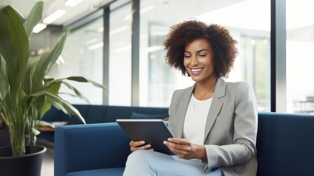 Una mujer usando un dispositivo de tableta sonriendo y sentada en un sofá en un espacio de oficina moderno