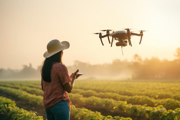 Mujer usando drones para rociar pesticidas en cultivos en el campo agrícola