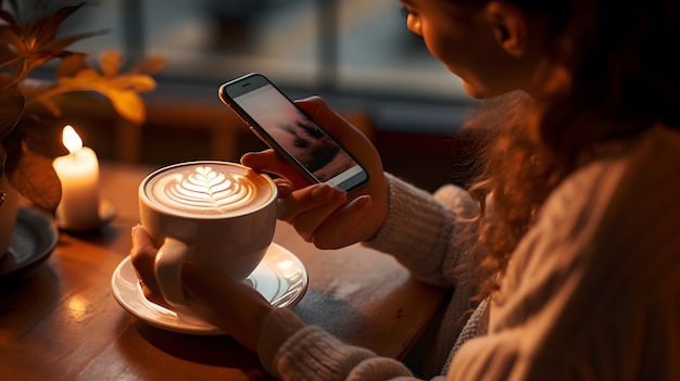 Mujer usando I phone 13 pro tomando una foto de una taza