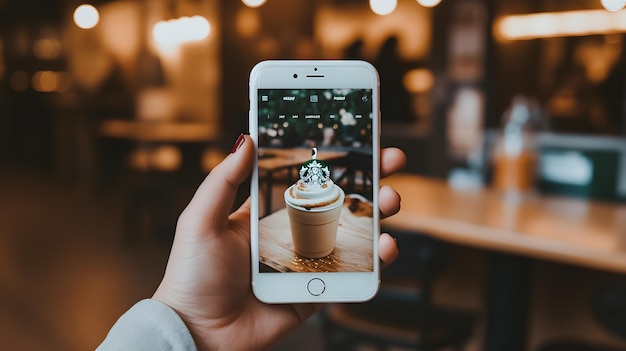 Mujer usando I phone 13 pro tomando una foto de una taza