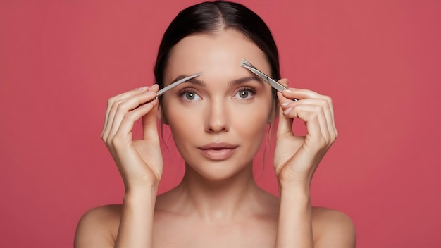 Mujer usando pinzas en sus cejas