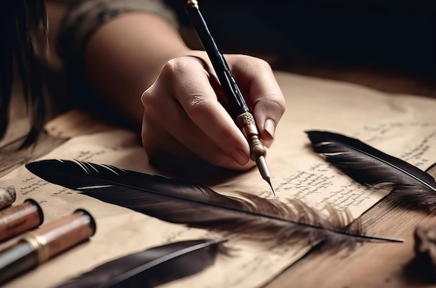 Mujer usando pluma pluma escribir tinta Persona arte papel accesorio en blanco Generar Ai