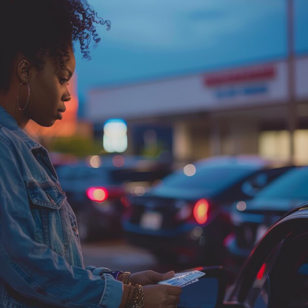 Foto una mujer está usando su teléfono frente a un parquímetro