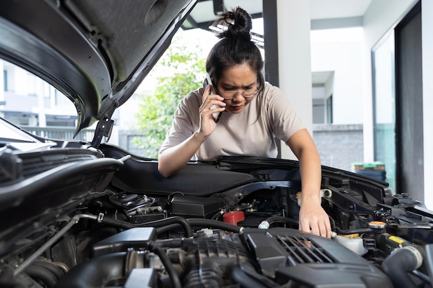 Una mujer usando su teléfono para hablar de su coche averiado tiene una expresión preocupada en su cara y está explicando los problemas del coche