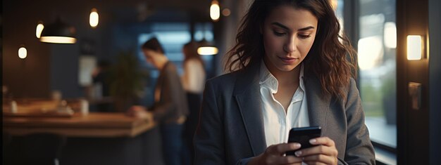 Mujer usando su teléfono en el trabajo en la oficina