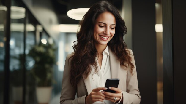 Mujer usando su teléfono en el trabajo en la oficina