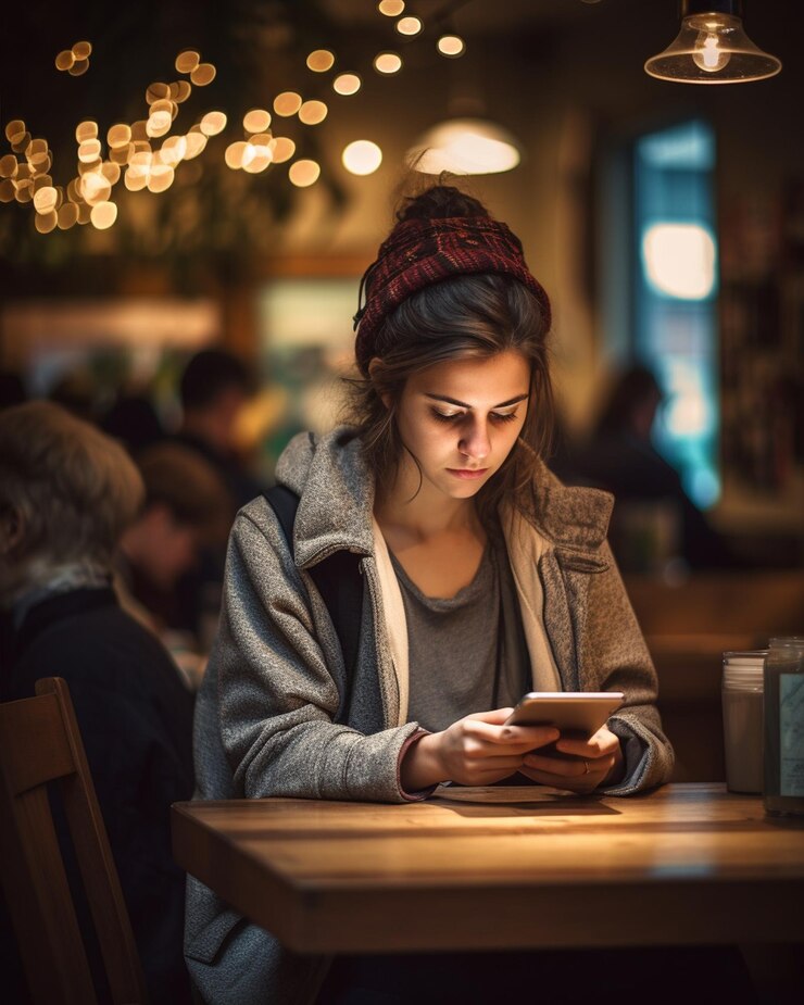Foto mujer usando una tableta en una cafetería