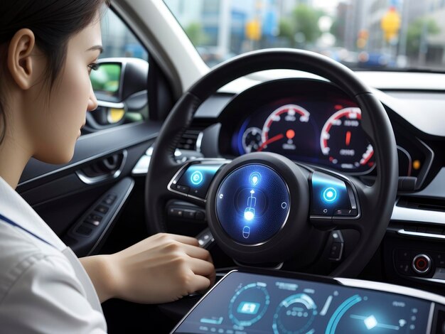 Foto una mujer está usando una tableta en un coche con una luz del tablero de instrumentos