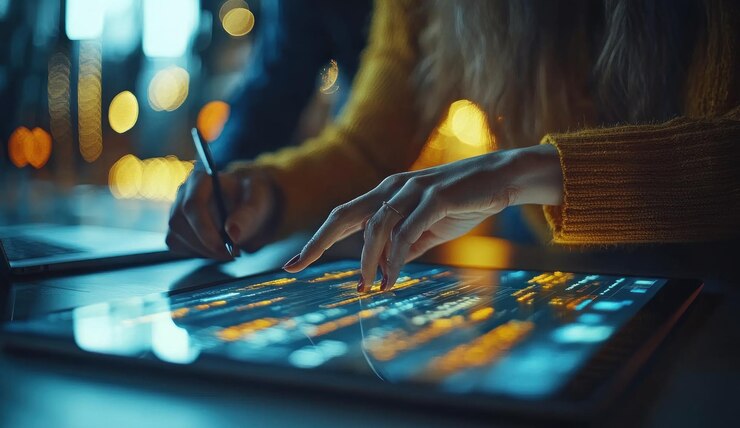 Mujer usando una tableta con datos en ella