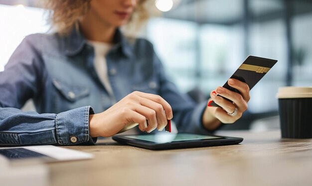 Mujer usando tarjeta de crédito y tableta digital en la oficina