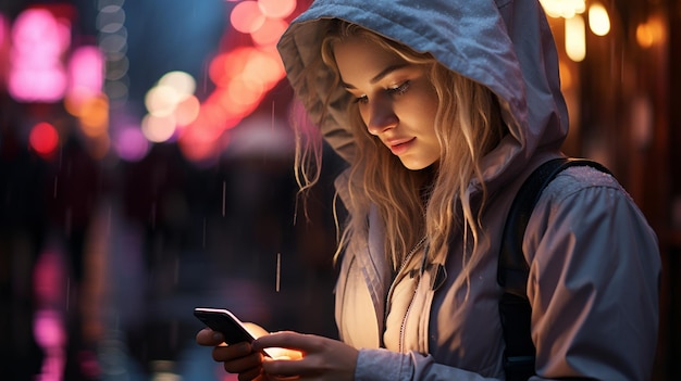 Mujer usando teléfono inteligente en la ciudad de noche