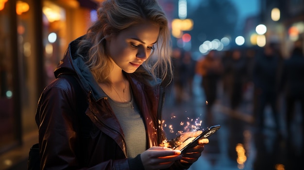 Mujer usando teléfono inteligente en la ciudad de noche