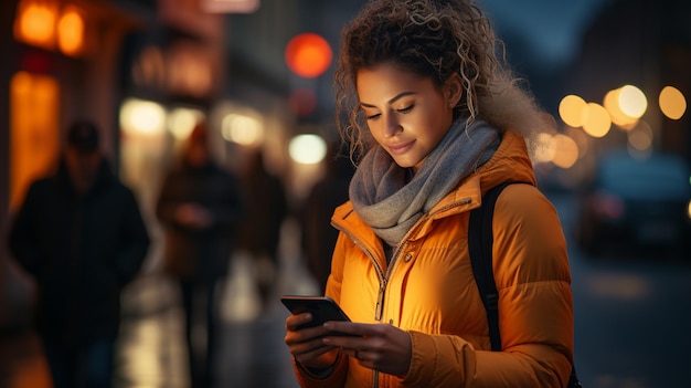 Mujer usando teléfono inteligente en la ciudad de noche