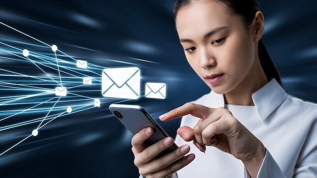 Mujer usando un teléfono inteligente enviando mensajes de correo electrónico a otras personas con red