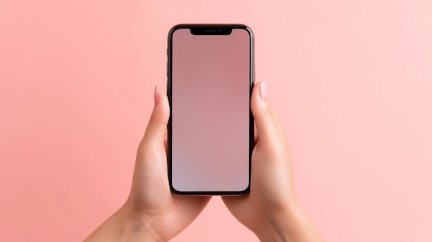 Mujer usando teléfono inteligente en fondo rosa Generativo Ai