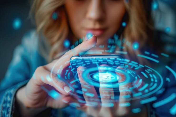 Mujer usando un teléfono inteligente con interfaz holográfica que representa la biometría de seguridad cibernética y la tecnología de verificación de identidad digital