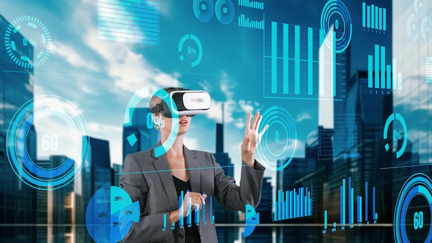 Mujer usuario moviendo grandes datos seleccionando monitor de mundo dinámico por VR Contraption