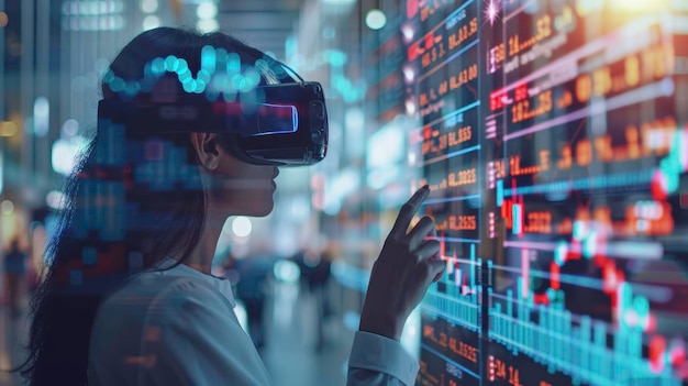 Una mujer utiliza la tecnología de realidad virtual para interactuar con datos digitales en un entorno dinámico moderno