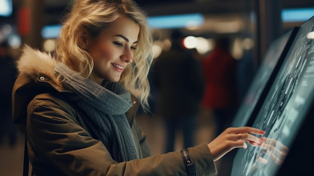 Una mujer utiliza una terminal independiente de pantalla táctil grande para comprar boletos
