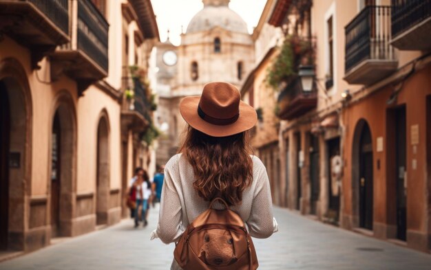 Mujer vagando por las estrechas calles de la ciudad con una mochila a remolque