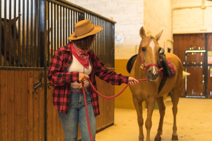 Foto mujer vaquera caucásica divirtiéndose y sonriendo con un caballo en un establo, sombrero de vaquero americano, camisa a cuadros rojos y jeans