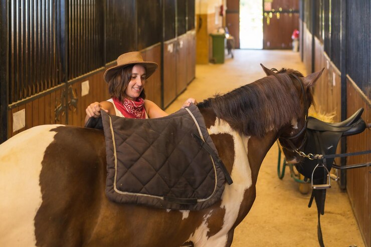 Foto mujer vaquera preparándose para montar a caballo en un establo, sombreros y jeans del sur de ee. uu., foto vertical