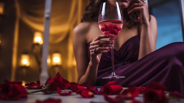 Foto mujer con un vaso de vino tinto y una rosa roja