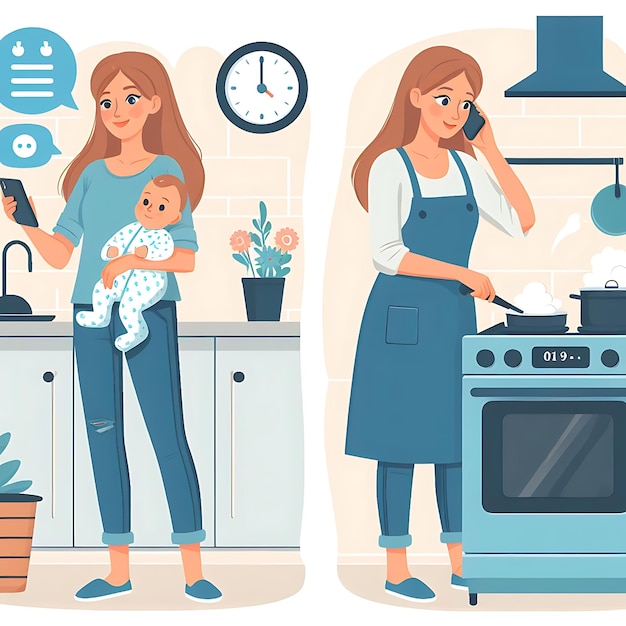 Foto una mujer vectorial en una cocina con un bebé y una estufa con la palabra 